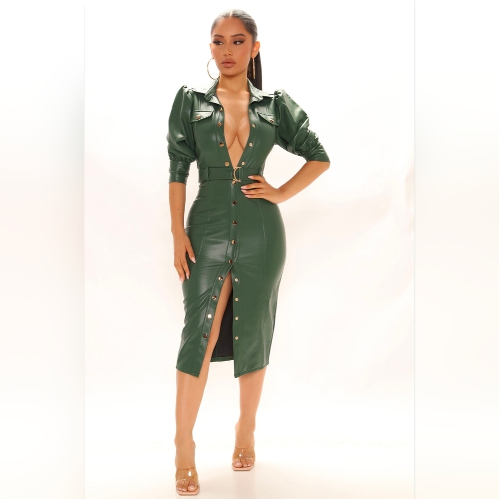 Elegant Green Faux Leather Dress